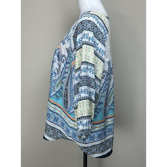 Valerie Stevens Women's colorful peasant bohemian Blouse M Lace Back Tie Front - Picture 8 of 13